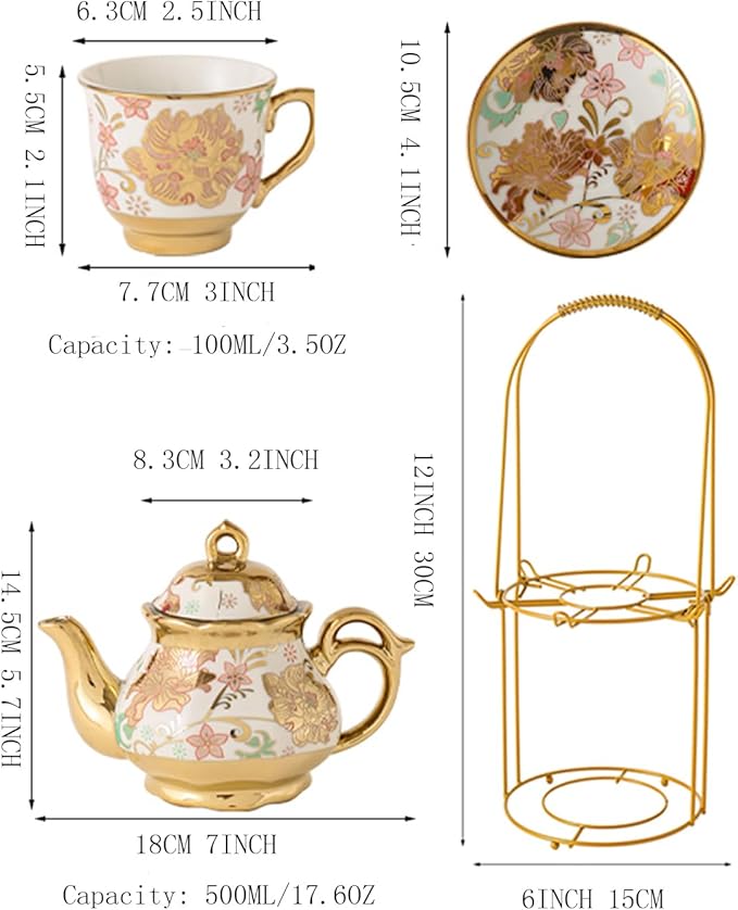 CHANJOON Gold Plated Red Rose Ceramic Tea Set, Vintage Tea Sets with Teapot, Beautiful Tea Set Coffee Serving 6 People (pink, Medium) - Bloomnest