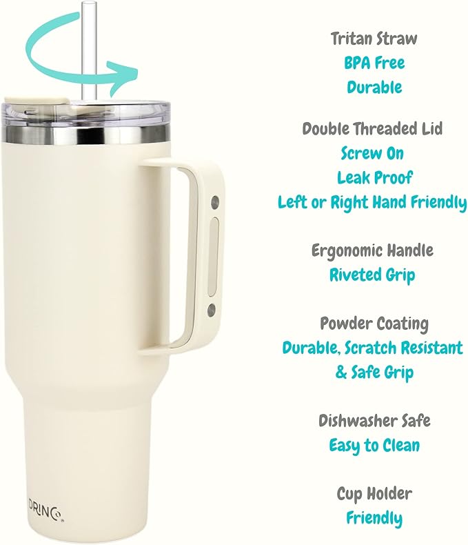 Drinco 40oz 30 oz Tumbler with Handle, Straw Lid, Insulated Stainless Steel Travel Mug Water Bottle Ice Coffee Cup For Cold and Hot, BigSur (40oz Oatmilk)