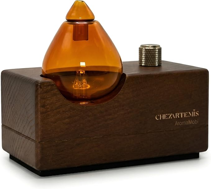 Amber Premium Glass Essential Oil Diffuser with Handmade Wood Base for Aromatherapy, Retro Waterless Scent Diffuser with Cool Mist, Rechargeable & Wireless Oil Nebulizer with LED & Timer, 2026 Model CHEZARTEMIS