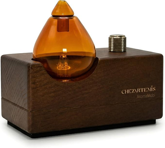 Amber Premium Glass Essential Oil Diffuser with Handmade Wood Base for Aromatherapy, Retro Waterless Scent Diffuser with Cool Mist, Rechargeable & Wireless Oil Nebulizer with LED & Timer, 2026 Model CHEZARTEMIS
