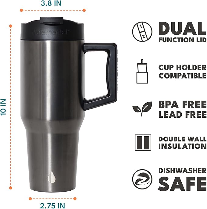 Elemental 32 oz 100% Leak Proof Tumbler with Handle & Straw - Stainless Steel Double Wall Insulated Tumbler for Hot and Cold Beverages - Travel Coffee Mug with Sip & Straw Lid - Gunmetal - Bloomnest