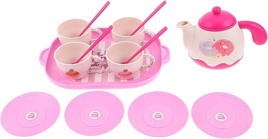 Unbreakable Plastic Tea Set for Little Pretend Play Kitchen with Teapot Plates Tray Food-Grade Material for Role Play and Party Favor Birthday