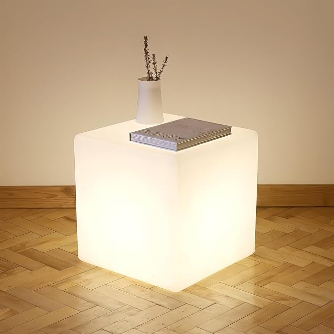Mr.Go 14-Inch Color Changing LED Cube Light Stool, Glow Cube Seat for Kids, Modern LED Light Side Table, 16 RGB Colors LED Mood Lighting, Ideal for Home Garden Patio Bar Pool Party Decorative Lighting - Bloomnest