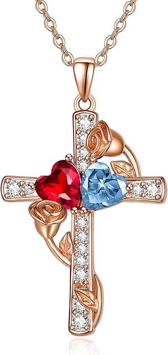 Rose Gold Dual Birthstones Cross Necklace for Women Rose Flower Jewelry Anniversary Christmas Mother's Valentine's Day Birthday Gift for Wife Girlfriend Mom - Bloomnest