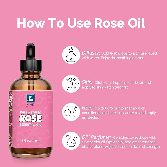 Rose Essential Oil 4 Oz, 100% Pure Natural Rose Oil for Diffuser, Skin, Hair, Body, Face Care, Perfume DIY - Bloomnest