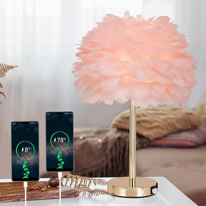 ZYLEIESENBAO Pink Feather USB Charger Table Lamp Feather Bedside Lamp Cute Nightstand Lamp with Outlets Princess Desk Light for Girl Bedroom Living Room Entryway Hotel Wedding Women's Gift Decoration - Bloomnest