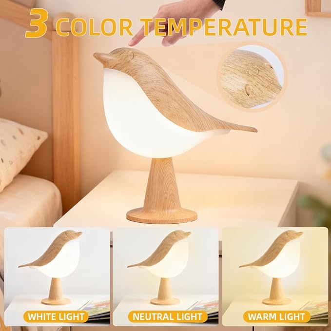 Bird Cordless Table Lamp, Small Cordless Bedside Lamp with 3 Color Temperature, Touch Sensor & Rechargeable Battery - Night Light for Kids, Bedroom, Bedside (Light+Dark) - Bloomnest