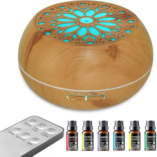 Diffuser with 6 Essential Oils for Large Room,550ml Aroma Diffusers with Remote Control for Home,Mini Humidifier with LED Night Lights for Office Yoga Room Decor Gift for Women Men(Light Wood Grain) Bloomnest