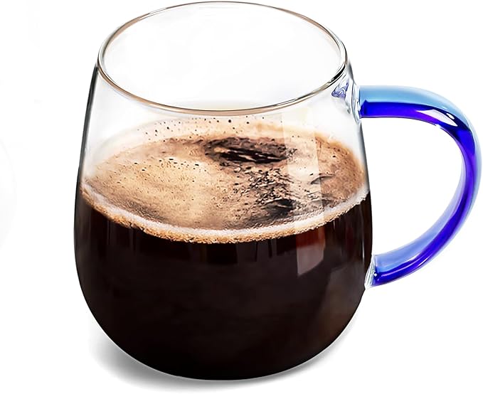 Clear Glass Mug with Handle, Blue Handle/16 oz, high borosilicate glass mug for large glass coffee cups with handles, beverage mugs with handles, or as a gift!… - Bloomnest