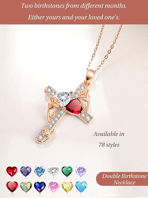 Rose Gold Dual Birthstones Cross Necklace for Women Rose Flower Jewelry Anniversary Christmas Mother's Valentine's Day Birthday Gift for Wife Girlfriend Mom - Bloomnest