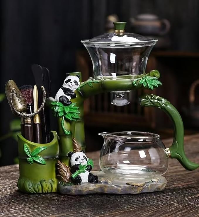Tea Infuser Lazy Kungfu Magnetic TeaPot Semi-Automatic Drip Glass Teapots Panda Heat-Resistant Tea Maker Set(Iclude Six Gentlemen of Tea Set)