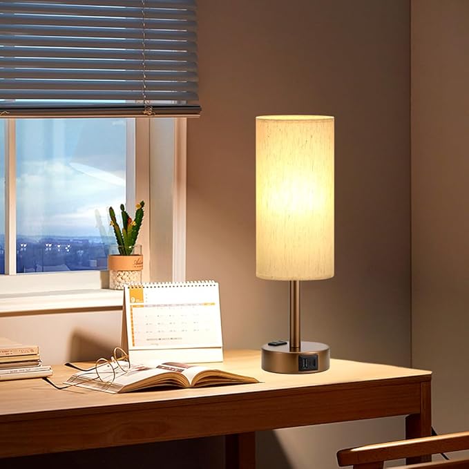 Brown Bedside Table Lamp for Bedroom - 3 Way Dimmable Touch Lamp USB C Charging Ports and AC Outlet, Small Lamp Round Flaxen Cream Fabric Shade for Living Room, Desk, LED Bulb Included - Bloomnest