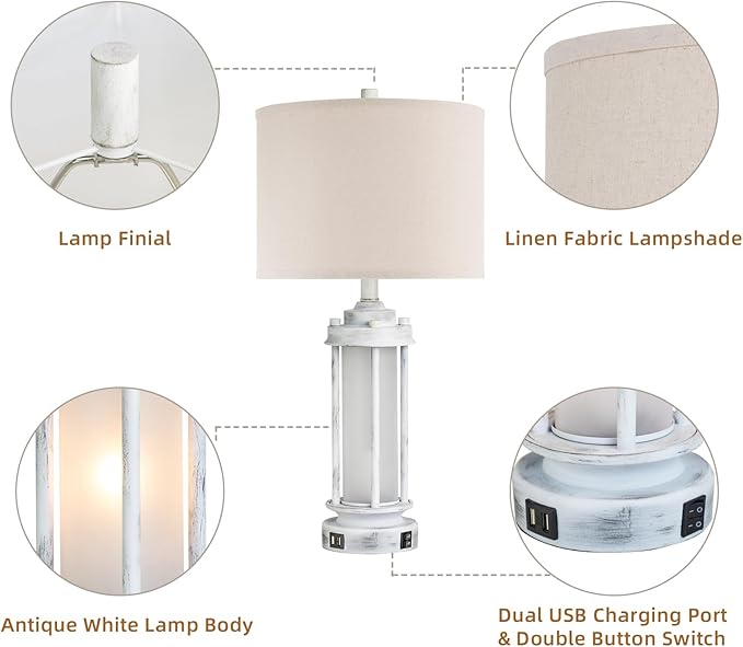 25" Rustic Table Lamps Set of 2, Vintage Nightstand Lamps with 2 USB Ports, Farmhouse Antique White Desk Lamp with Glass Night Light for Living Room Bedroom Dorms, 4 Bulbs Included - Bloomnest