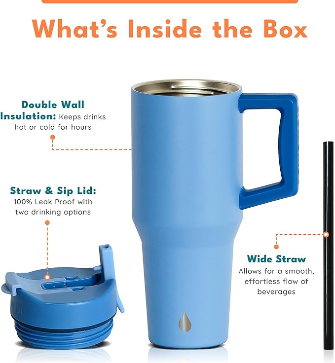Elemental 32 oz 100% Leak Proof Tumbler with Handle & Straw - Stainless Steel Double Wall Insulated Tumbler for Hot and Cold Beverages - Travel Coffee Mug with Sip & Straw Lid - Ocean Blue - Bloomnest