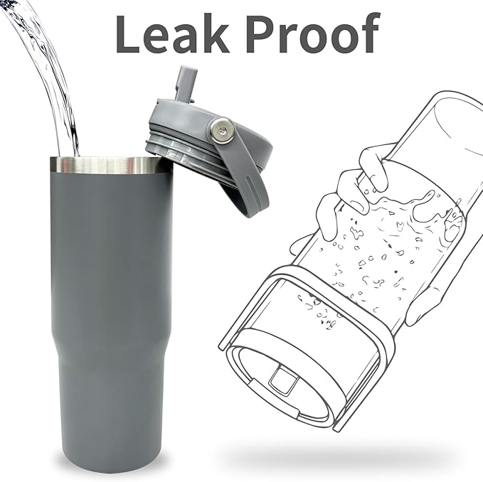 30 oz Tumbler with Top Handle, Double Wall Vacuum Insulated Tumbler with Flip Straw, Travel Coffee Mug 30oz Powder Coated Cup for Laser Engraving (Gray,1 pack)