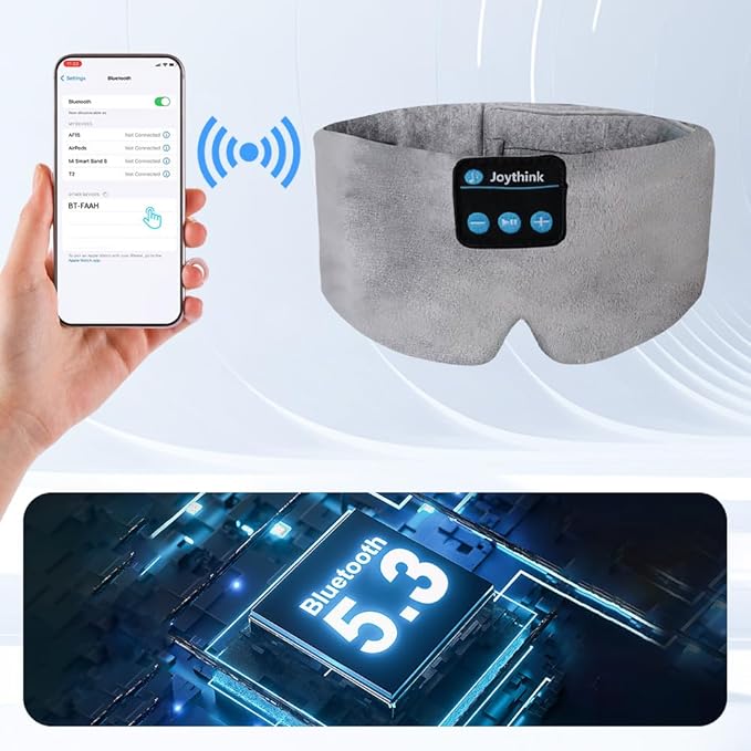Joythink Sleep Headphones Wireless Eye Mask Kids Children Silk Wireless Headband Headphones for Sleeping with Adjustable Speaker Wireless Earbuds Side Sleeper Travel Meditation Music Mask Grey - Bloomnest