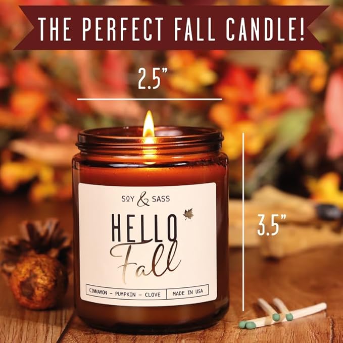 Fall Candles - 'Hello Fall Scented Candle' w/Cinnamon, Pumpkin & Fir I Infused with Essential Oils Autumn Scented Soy Candles for Home Décor, 9oz Reusable Jar, 50Hr Burn, Made in USA - Bloomnest