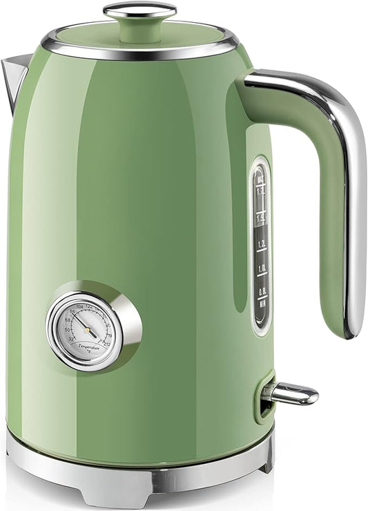 SUSTEAS Electric Kettle - 57oz Hot Tea Water Boiler with Thermometer, 1500W Fast Heating Stainless Steel Pot, Cordless LED Indicator, Auto Shut-Off & Boil Dry Protection, Retro Green