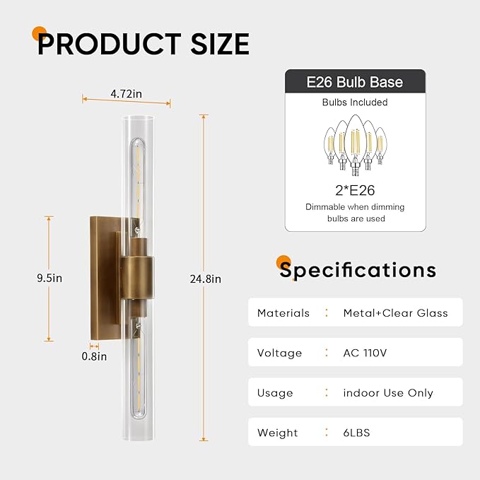 24.8" L Minimalist Style Wall Sconces Set of 2, Brass Wall Lights Fixtures Morden Cylinder Wall Light for Bathroom Vanity Light Indoor Wall Mounted Lamps for Living Room,Bedroom,Hallway - Bloomnest