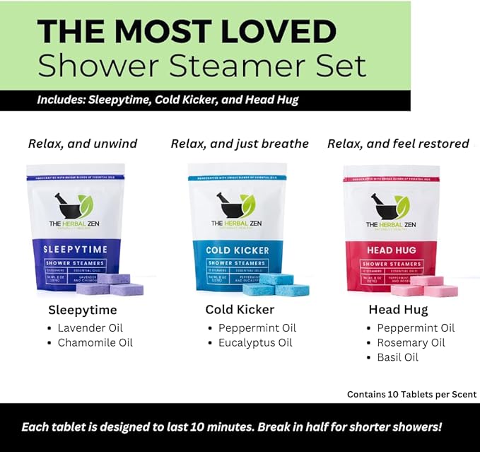 Bulk Shower Steamers with Essential Oils Combo Set by The Herbal Zen (3 Packs of 10 Tablets, Value Set), Bulk Shower Bombs, Relaxation Gift for Women and Men, Birthday Gifts, Mothers Day Gift - Bloomnest