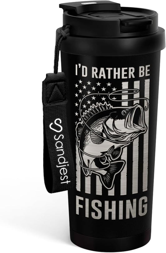 Fishing Tumbler - Stainless Steel 2-in-1 Lid Coffee Tumbler 18 oz, Insulated Travel Mug Gift for Men Husband Dad, Birthday Christmas