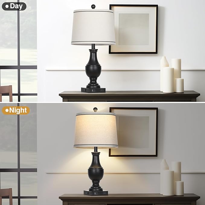 Table Lamps for Living Room Set of 2, Farmhouse Vintage Table Lamp with USB A+C Charging Ports & AC Outlet, 25" Black Rustic Traditional Lamps for Bedroom Nightstand Desk(2 LED Bulbs Included) - Bloomnest