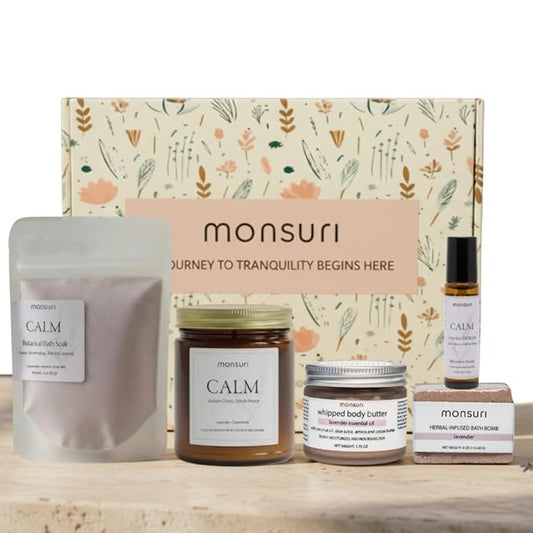 Lavender Relaxation Gifts for Women | Home Spa Kit with 5 Self Care Products for Deep Relaxation with Aromatherapy Candle, Bath Bomb, Soak, Body Butter & Roller. Lavender Gifts for Women Self Care.