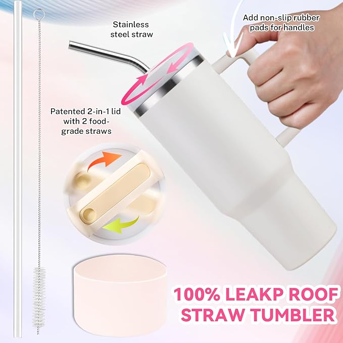 40 oz Tumbler Insulated Mug w/Straw & Flip Cap Lids - Cup Holder Bottle with 6 Accessories Set for Hot, Cold Drink - Leak-Proof - Water, Coffee Portable Travel Mug (Cream) - Bloomnest