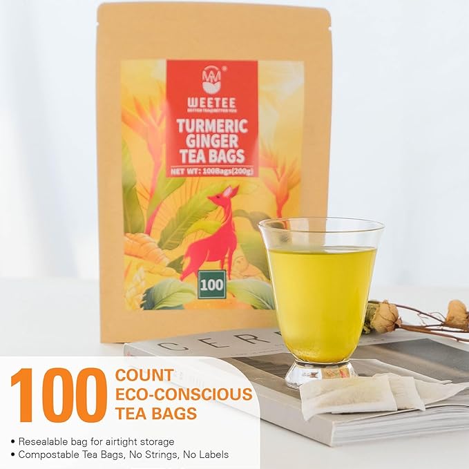 WT WEETEE Turmeric Ginger Tea Bags, 100% Pure Turmeric and Ginger Root Herbal Blend Savory & Spicy, Natural Caffeine-free Spice Tea - Bloomnest