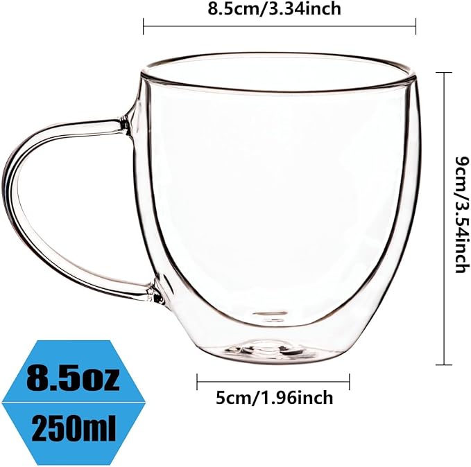 Espresso Cups Set Of 2 8 Oz, Double Walled Glass Coffee Mugs with Handle,Insulated Layer Coffee Cups,Clear Borosilicate Glass Mugs,Perfect for Cappuccino,Tea,Latte,Espresso,Hot Beverage,Wine - Bloomnest