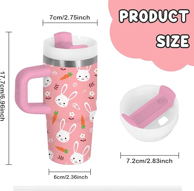 Rabbit Gifts for Kids - 14 Oz Pink Kids Tumbler with Handle and Straw, Stainless Steel Insulated Tumbler, Sweatproof, for Sports, School, Travel - Bunny Lovers Children Birthday Gifts Cups(1pc) - Bloomnest