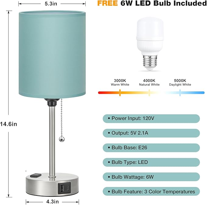 Teal Bedside Lamp for Nightstand - 3 Color Temperature Table Lamp with USB C and A Ports, Pull Chain Lamp for Bedroom with AC Outlet, Coastal Desk Lamp with Silver Metal Base for Kids Girls - Bloomnest