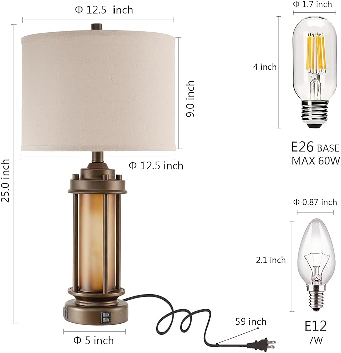 Set of 2 Farmhouse Table Lamps for Living Room, Rustic Vintage Bedside Lamps with 2 USB Ports, Bedroom Nightstand Lamp with Amber Glass Nightlight for End Table Entryway, 4 Bulbs Includes - Bloomnest