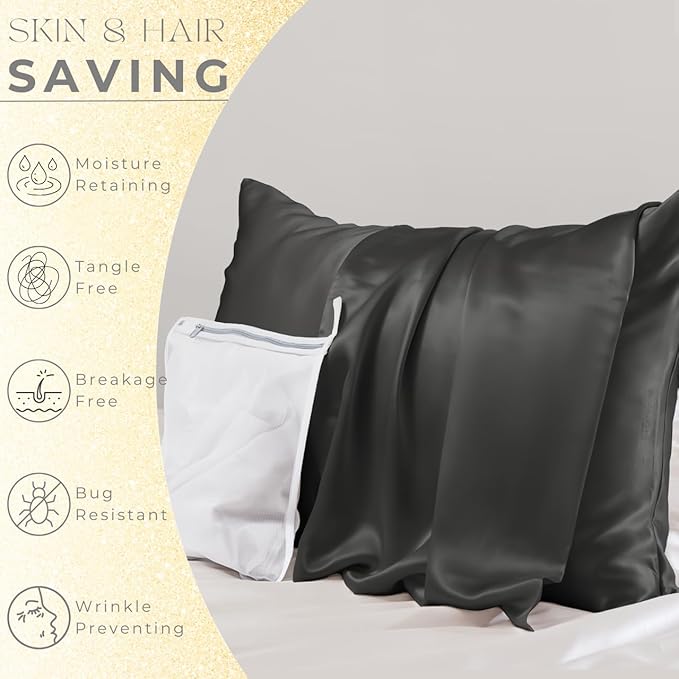 PROMEED Upgraded Grade 6A+ Black Silk Pillowcase with Zipper, 23 Momme Natural Mulberry Silk Pillow Cases for Hair and Skin - Easy Care with Free Laundry Bag (Standard 20"x26", Black) - Bloomnest
