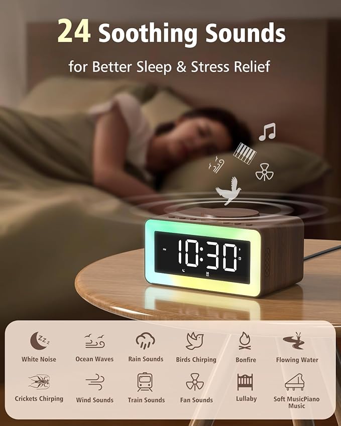 Digital Alarm Clocks for Bedrooms, Bluetooth Speaker, Alarm Clock with Wireless Charging, White/Brown Noise Sound Machine for Sleep with Night Light Wooden Vintage Decor Birthday Gifts for Men, Women