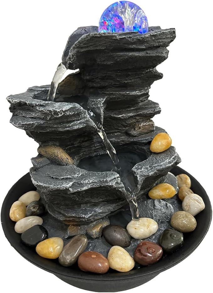 Indoor Tabletop Water Fountain Rotating Ball Rock Waterfall Fountain with Colorful Lights and Natural River Rocks, Zen Meditation for Home Office Decor