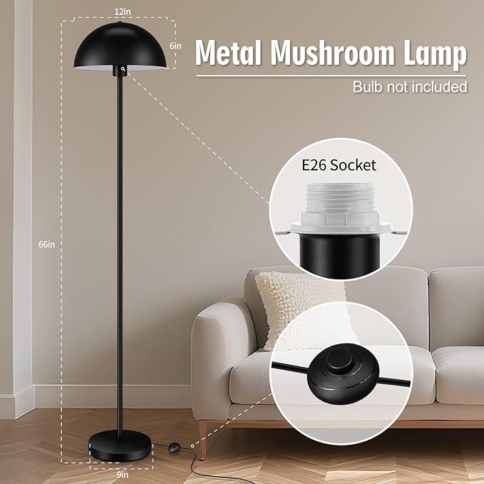 Industrial Floor Lamp, Floor Lamp for Living Room, 66Inch Tall Modern Standing Lamp, Black Stand Up Lamp with Metal Dome Shade, Mid Century Corner Reading Lamp for Bedroom Office Nursery Room, NO BULB - Bloomnest
