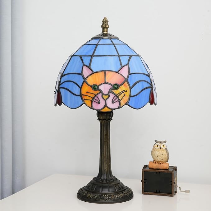 Tiffany Lamp Cat Stained Glass Table Lamp 8 Inch Orange Warm Ambient Lighting Bedroom Small Nightstand Dorm Cafe Office Corner Vintage Home Decoration Tiffany Style Table Lamp Blue cute Cat Lamp - Bloomnest
