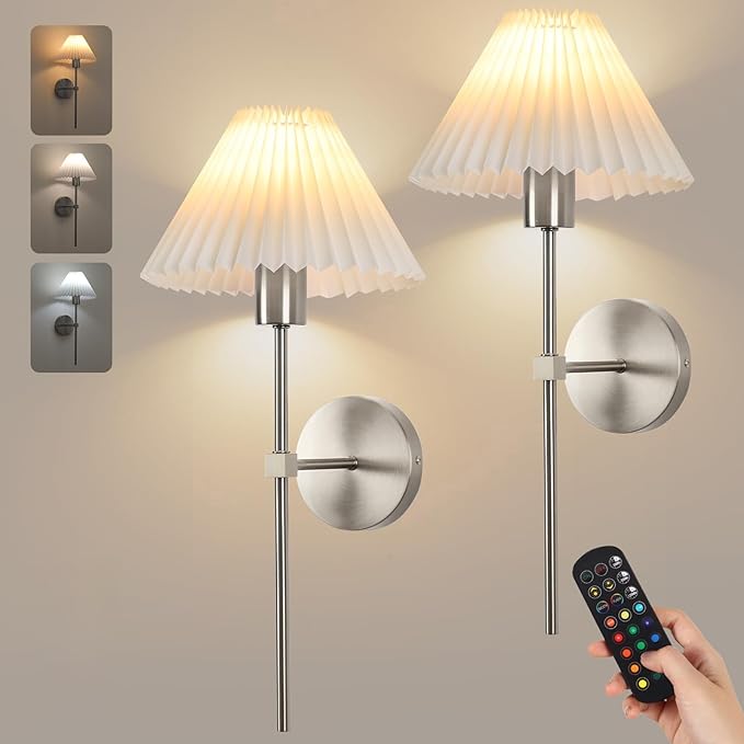 Wireless Wall Sconce Sets of 2, Pleated Shades Rechargeable Battery Operated Wall Sconce, Retro Industrial Brushed Nickel Bathroom Vanity Lights, Wall Mounted Lamps for Bedroom Living Room Hallway - Bloomnest