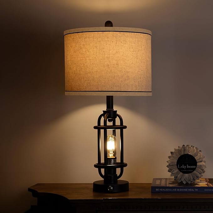 23.75'' Industrial Black Metal Table Lamps Living Room Lamp for Nightstand Bedroom lamp Single Bedside End Side Table Lamps Home Decor Touch Lamp Modern Lamps with USB Ports, Bulbs Included - Bloomnest