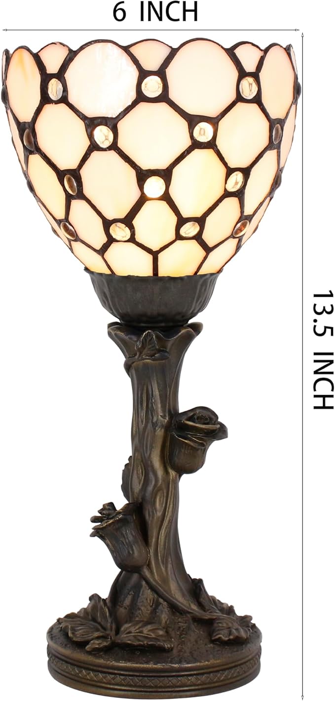 Small Tiffany Lamp Mini Stained Glass Table Lamp Cream Bead Accent Desk Uplight W6 H13.5 Inch Bronze Resin Base - Bloomnest