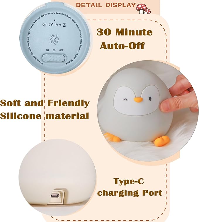 Penguin Night Light with Squishy Soft Silicone, RGB Flashing Color, Dimmable Rechargeable Portable Touch Penguin Gifts Decor for Girls Boys - Bloomnest