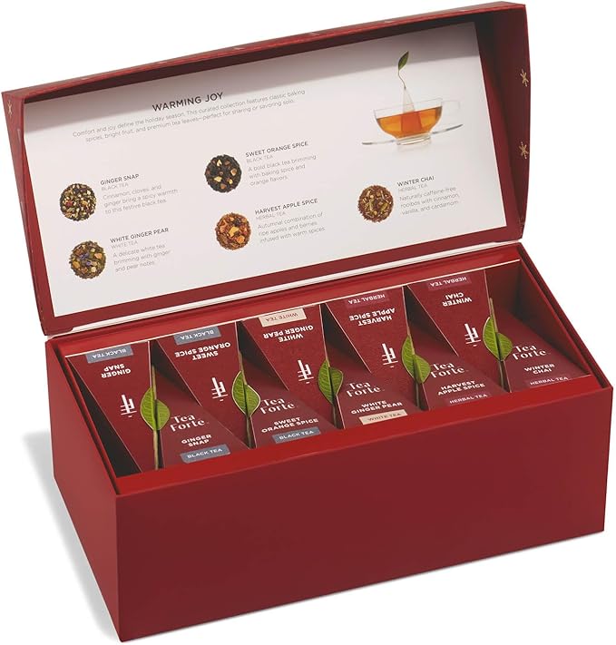 Tea Forte Warming Joy Holiday Premium Presentation Box Gift Set Sampler, 20 Count, 4 of Each Blend Individually Wrapped Handcrafted Pyramid Infuser Bags - Bloomnest