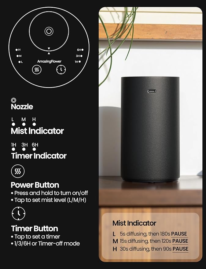 Waterless Essential Oil Diffuser, Rechargeable Scent Diffusers with 3 Mist Levels & Timers, Portable Aromatherapy Diffuser for Home Car Room Studio Office, Black Metal - Bloomnest