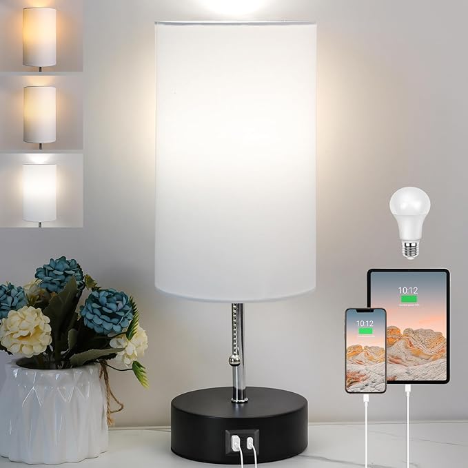 ROTTOGOON 3-Color Temperature Bedside Lamp Nightstand Lamp with USB A Port and C Port, Table Lamp for Bedroom with LED Bulb Small Lamps for Living Room (White) - Bloomnest