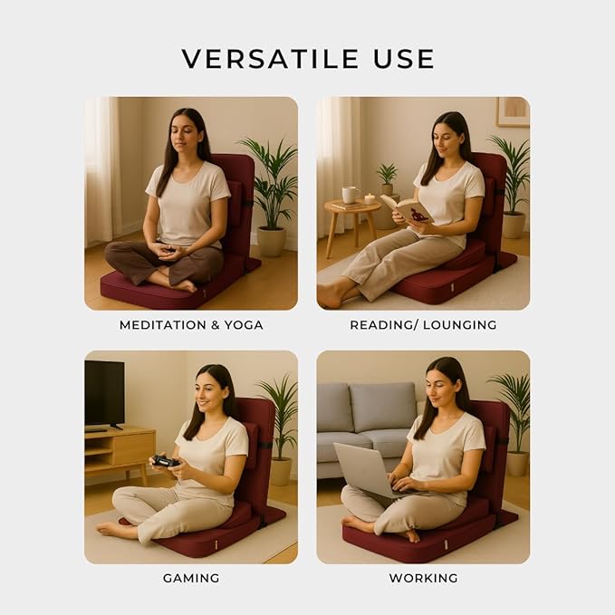 Friends of Meditation Relaxing Buddha Meditation Chair | Detachable Rectangular Back Support & Zafu Cushion | Portable Folding Chair | Floor Chair with Back Support | Yoga Chairs for Adults | Maroon - Bloomnest