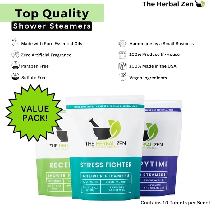 Bulk Shower Steamers with Essential Oils Combo Set by The Herbal Zen (3 Packs of 10 Tablets, Value Set), Bulk Shower Bombs, Relaxation Gift for Women and Men, Birthday Gifts, Mothers Day Gift - Bloomnest