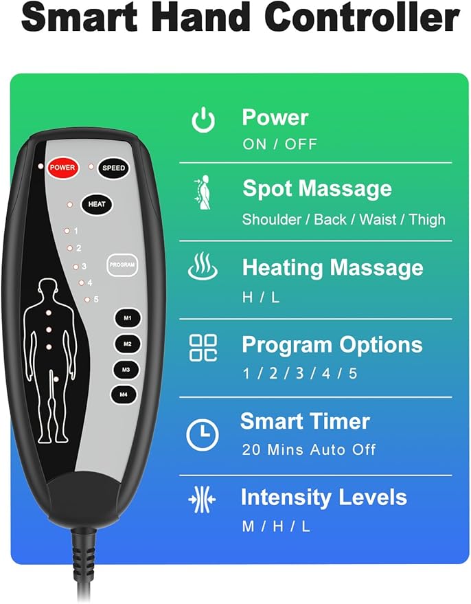 Back Massager with Heat, Massage Chair Pad for Recliner with 2 Heating Levels & 6 Vibration, Seat Cushion for Seniors, Office Workers & Family, Fatigue & Pain Relief in Office, Home & Travel - Bloomnest