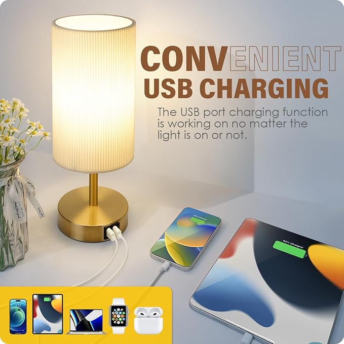 Yarra-Decor Bedside Lamp with USB A+C Charging Ports Set of Two - Touch Control Table for Bedroom Wood 3 Way Dimmable Nightstand Round Pleated Shade Home Office (LED Bulb Included) - Bloomnest