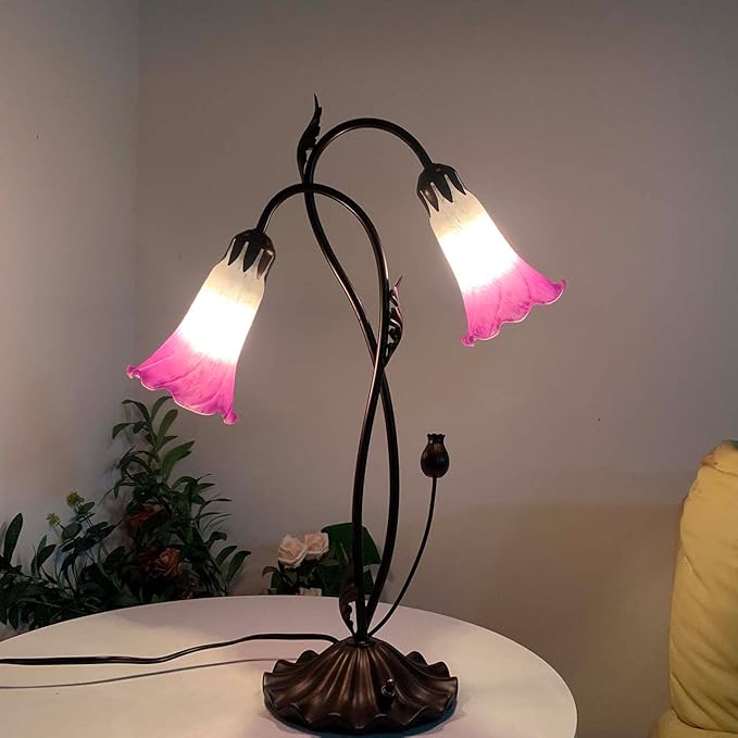 Bieye L10847 Lily Flower Blown Glass Accent Table Lamp for Living Room Bedroom Decoration (2-Light, Pink) - Bloomnest